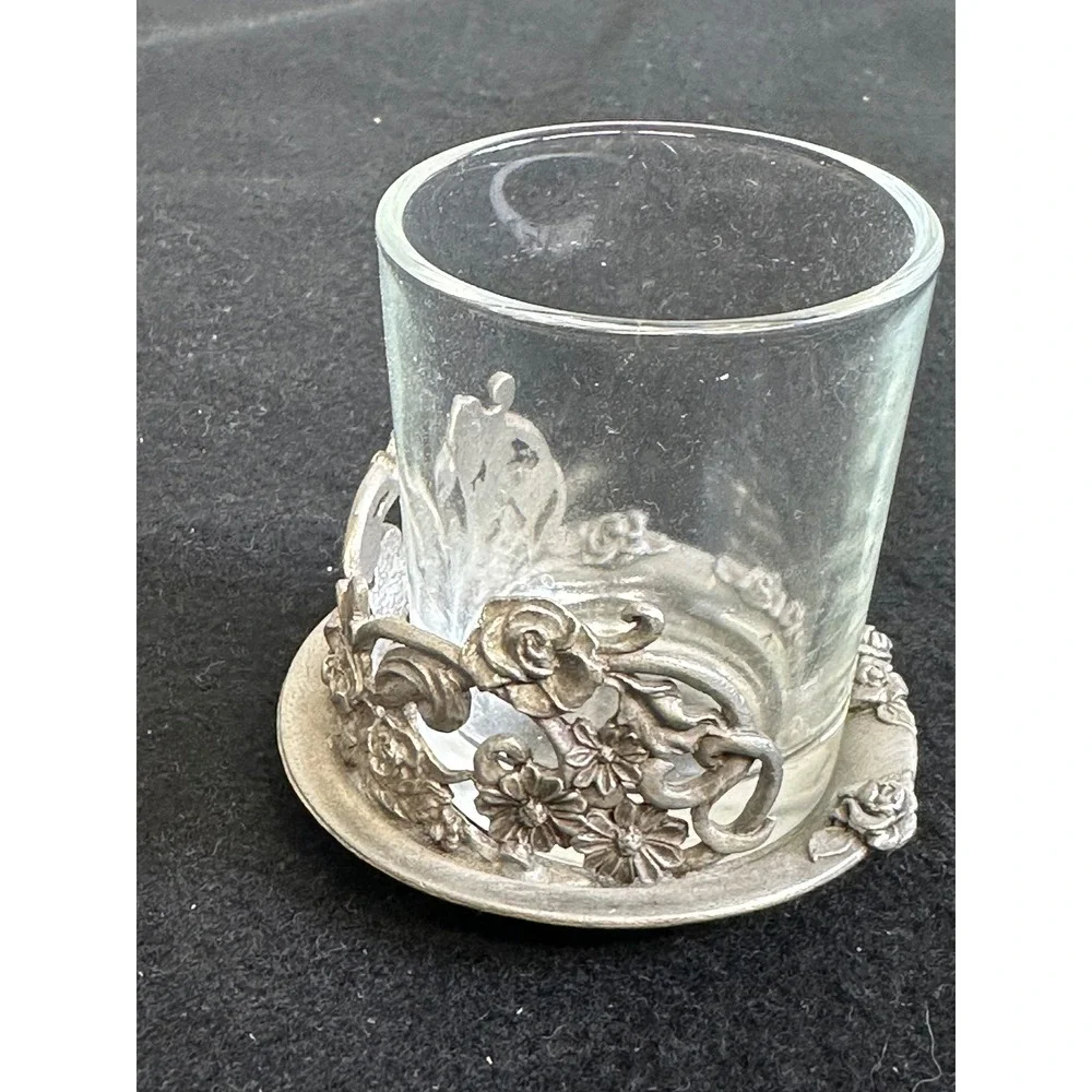Rawcliffe Pewter 1995 Floral Rose Votive Candle Holder with Glass & Snuffer Set